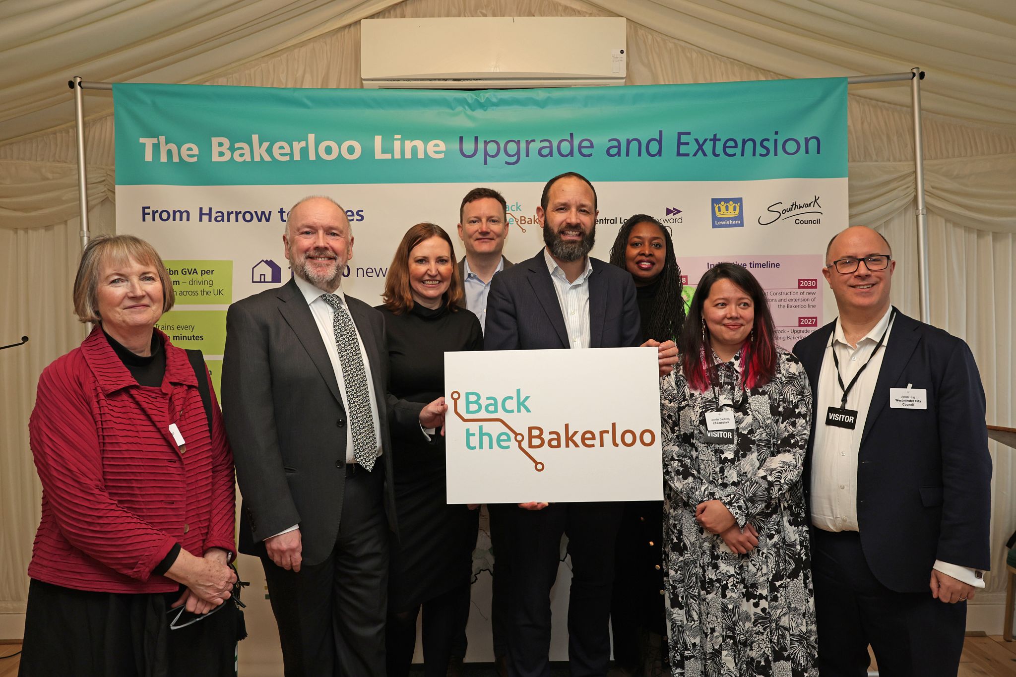 Back the Bakerloo Launch, Parliament, 5 March 2024. Featuring: Harriet Harman MP, John Dickie, Vicky Foxcroft MP, Seb Dance, Deputy Mayor of London, Cllr Kieron Williams, Leader of Southwark Council, Dawn Butler MP, Jennifer Daothong, Chief Executive of Lewisham Council and Adam Hug, Leader of Westminster Council.